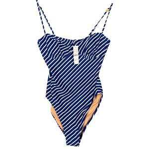 J.Crew Blue White Stripe One Piece Swimsuit Size 10 Adjustable Straps Lined